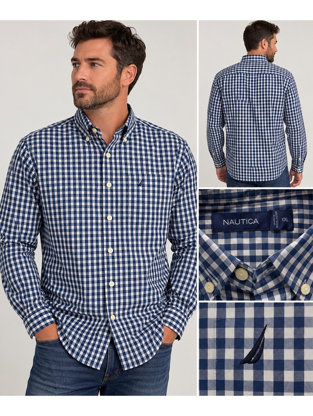 Nautica Men’s XXL Blue White Gingham Check Long Sleeve Button Down Shirt